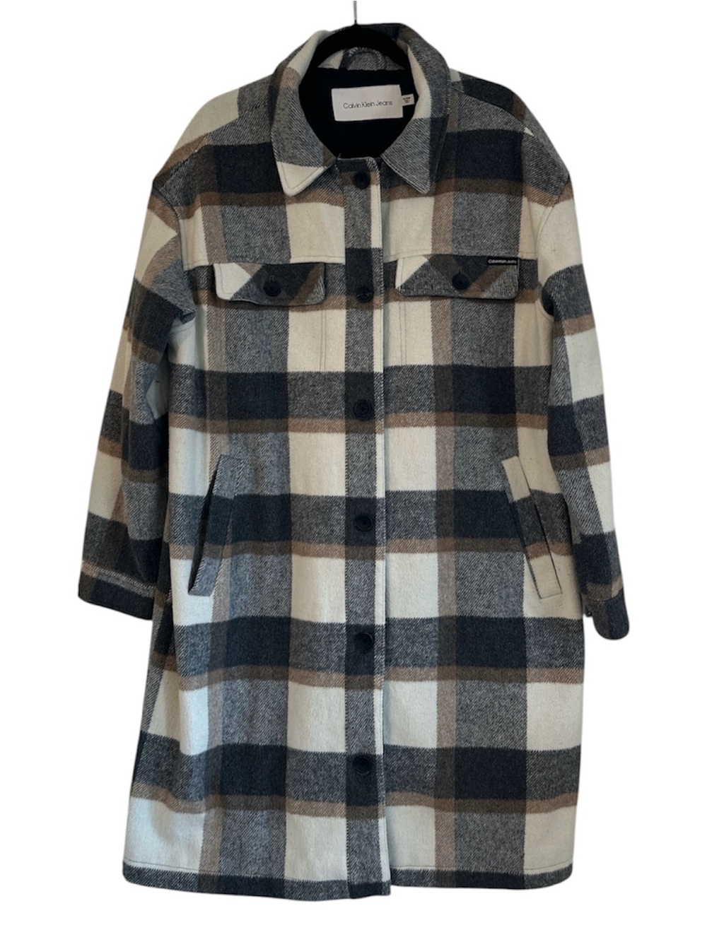 Calvin Klein | Long Neutral Tone Plaid Shacket | Size XL